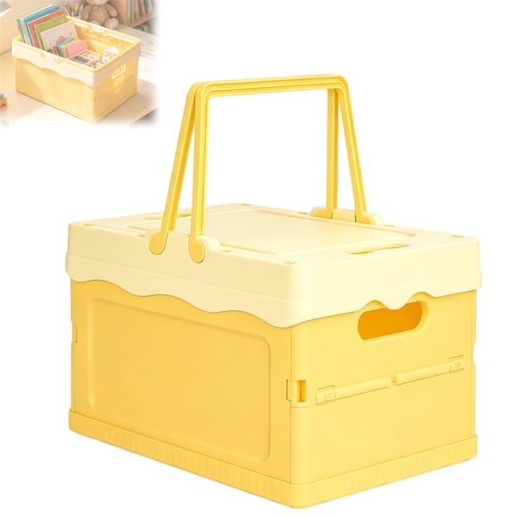 Foldable Storage Bin with Lid 9.8×6.7 Inch, GIXUSIL 1 Pack Collapsible Plastic Organization Basket, Multipurpose Crate for Home Office Kitchen Bathroom Counter Pastel Yellow