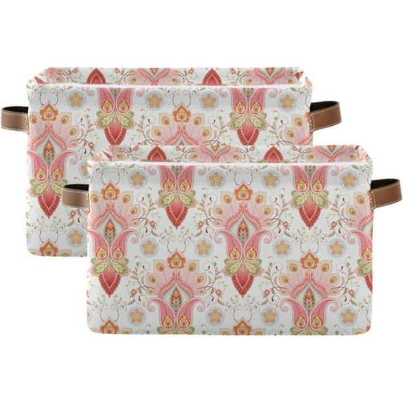 Foldable Storage Bin Paisley Peacock Feathers Fabric Storage Baskets Collapsible Shelf Baskets Organizing Basket Bin with PU Handles for Shelves Home Closet Bedroom Living Room-2Pack Decor Gifts