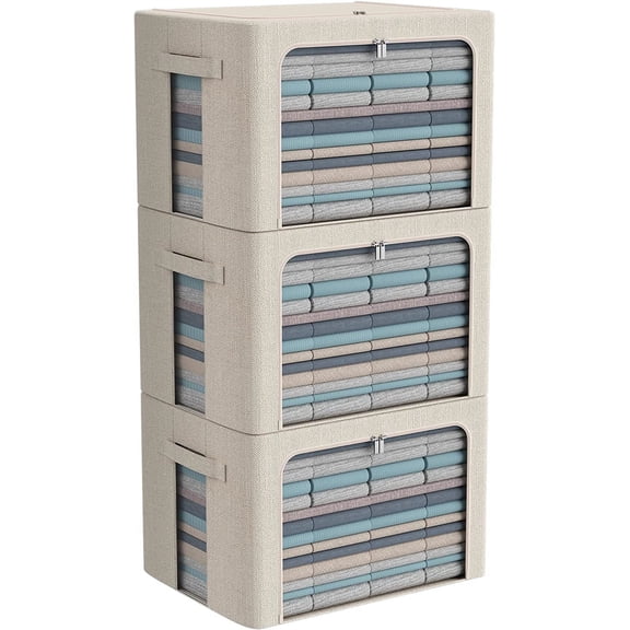 Foldable Storage Bin with Clear Window and Carry Handles Large 66 L Beige