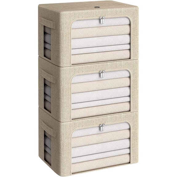 Foldable Storage Bin with Clear Window and Carry Handles Medium 36 L Beige