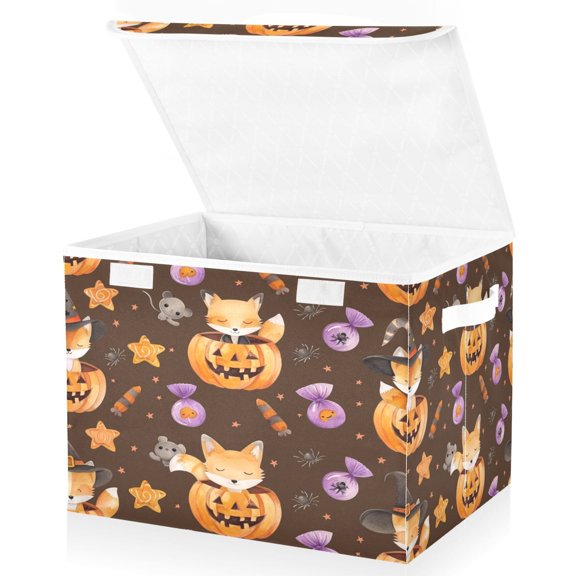 Foldable Storage Bin with Lid Decorative 300D Oxford Organizer Cute Fox with Pumpkin Pattern