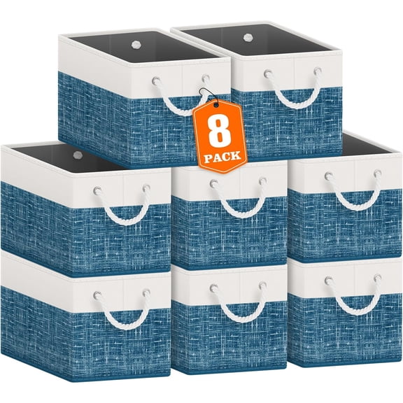 Foldable Storage Bins 8-Pack with Rope Handles, Sturdy Cardboard Organizer Boxes for Toys, Books, Shelves, and Closets, White and Blue