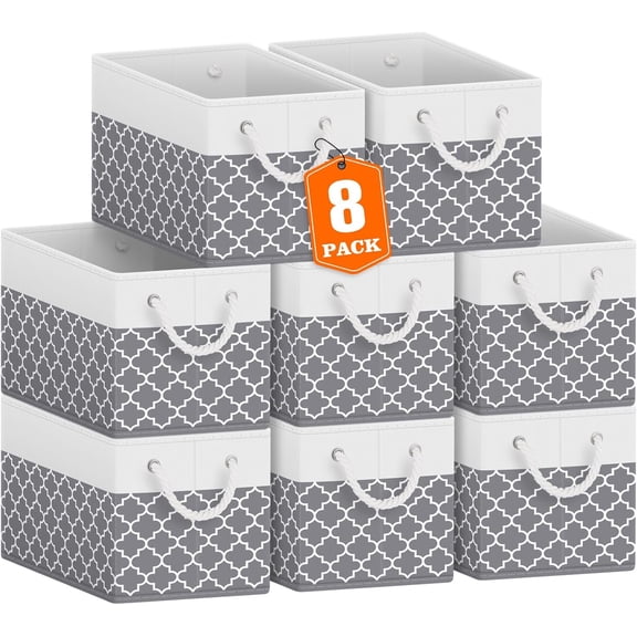 Foldable Storage Bins 8-Pack with Rope Handles, Sturdy Cardboard Organizer Boxes for Toys Books and Closets, Clover Grey