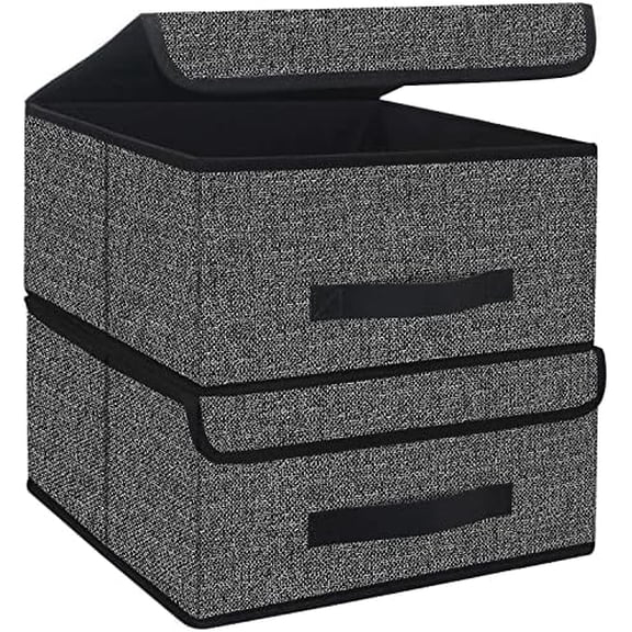Foldable Storage Bins Cubes Boxes with Lid - Storage Box Cube Cubby Basket Closet Organizer Pack of Two with Leather Handles for Closet Bedroom, 13"x13", Black, 8MXALB2P