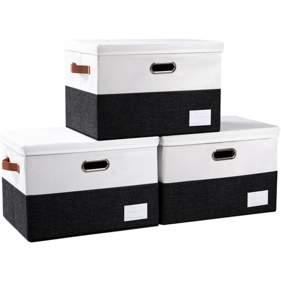 Foldable Storage Bins with Lids [3-Pack] Fabric Collapsible Storage Boxes Baskets Cubes Containers with Handles for Closet Living Room Bedroom (Black & White 17.7x11.8x11.8'')