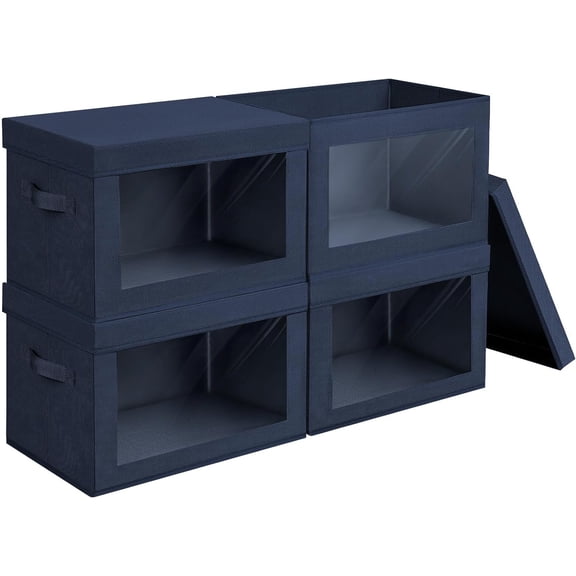 Foldable Storage Bins with Lids - 4 Pack Large Clear Window Storage Containers with Handles, Stackable Organizer Boxes for Clothes, Towels, Blankets, Sheets, Navy Blue