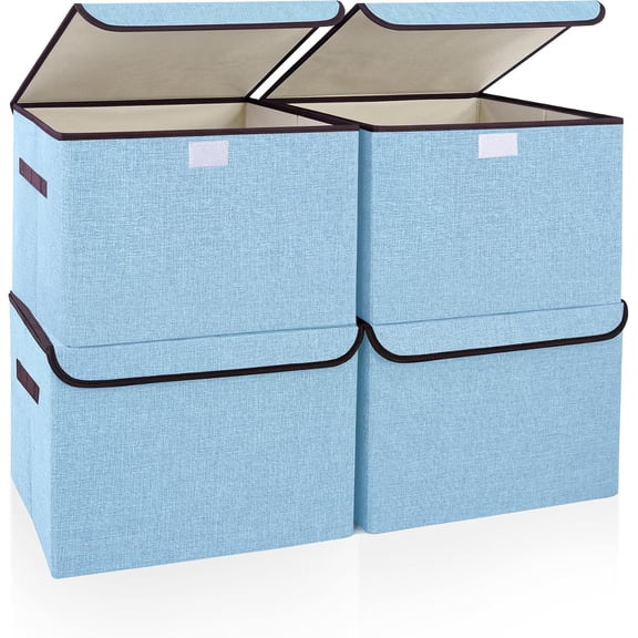 Foldable Storage Bins with Lids, Decorative Storage Baskets, Large Storage Boxes for Home, Office, Bedroom, Closet, Blue, Medium, 4 Pack 14.6 x 9.5 x 9.5”