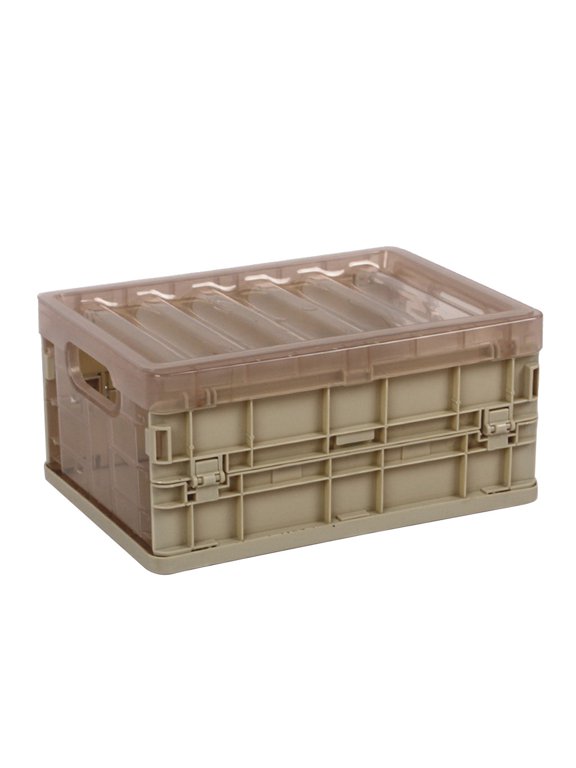 Foldable Storage Bins, Usupdd Plastic Folding Container Basket Crate Box Stackable Organizer, Collapsible Storage Bin for Home Closet Office Car with Lid, Khaki