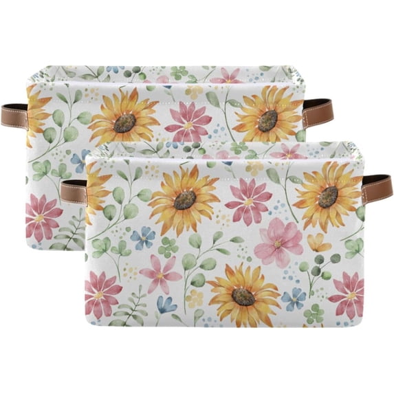 Foldable Storage Bins Watercolor Flowers Sunflower Fabric Storage Baskets Collapsible Decorative Baskets Closet Organizer Bins with PU Handles for Shelves Home Closet-2Pack Decor Gifts