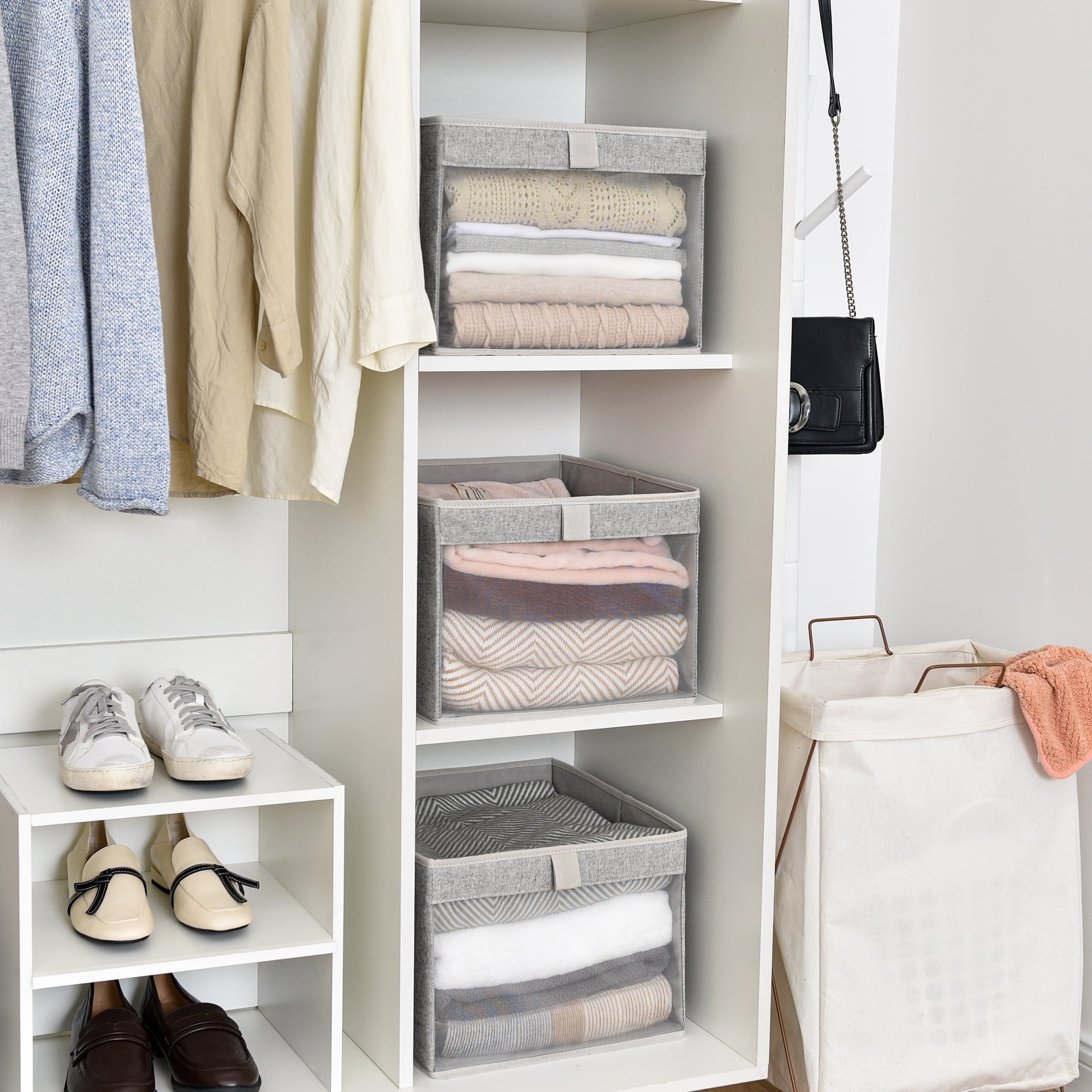 Foldable Storage Bins With PVC Window, Fabric Collapsible Storage Box For Closet Organization, Stackable Container, Gray, Large,15.2"x12.6"x10"