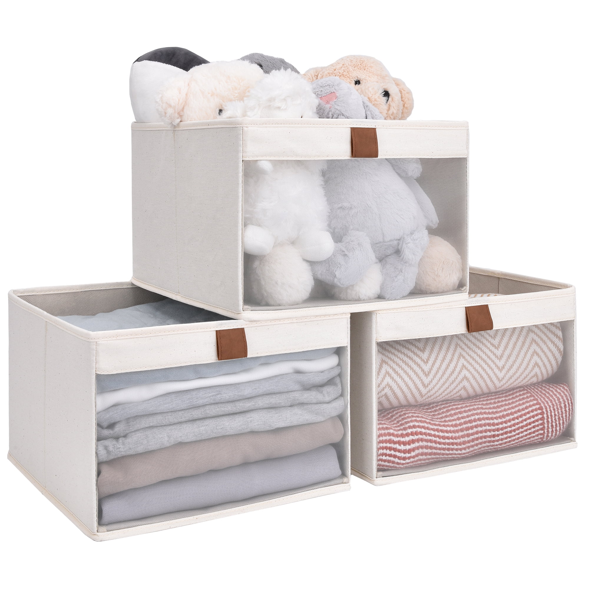 Foldable Storage Bins With PVC Window, Fabric Collapsible Storage Box For Closet Organization, Stackable Container, White, 12.4"x11.6"x8.1"