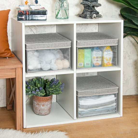 Foldable Storage Bins with Lids, Fabric Collapsible Storage Box for Closet, Stackable Container with PVC Window, 3 Pack, Grey, 13"x 12.2"x 8.4"