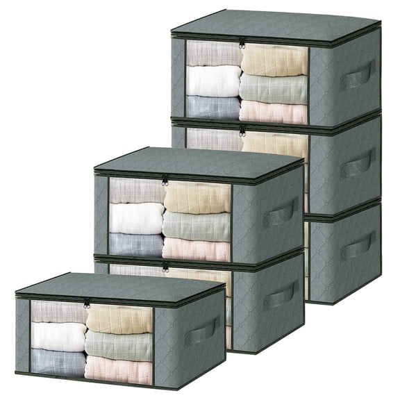 6 Pack Clothes Storage Bins, Foldable Storage Box with Clear Windows and Sturdy Handles, Storage Container for Blankets, Bedding, Toys, Gray