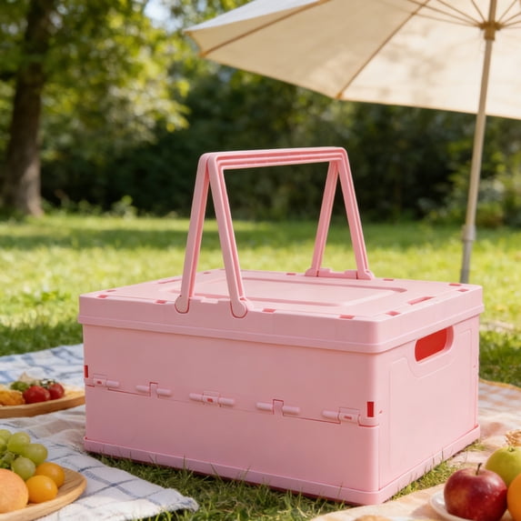 Foldable Storage Box Outdoor Camping Basket Plastic Organizer with Lid Tabletop, Handheld Collapsible Crate, Multi Functional Home Storage, 36.5x26.5x18.5cm