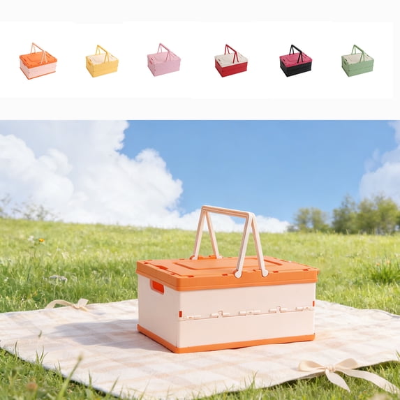 Foldable Storage Box Outdoor Camping Basket Plastic Organizer with Lid Tabletop, Handheld Collapsible Crate, Multi Functional Home Storage, 36.5x26.5x18.5cm