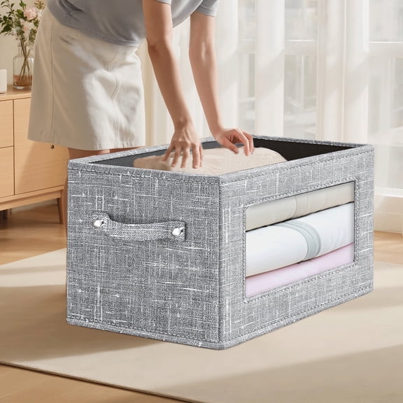 Foldable Storage Box with PVC Front Window | Gray Fabric Storage Bin for Toys & Clothes | 43x30x30cm Collapsible Organizer with Handles | 1-Pack Home Storage Solution