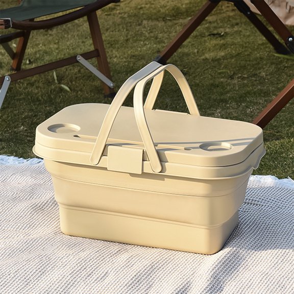 Foldable Storage Box with Tabletop Conversion | Large Capacity | Water prevent Plastic | Hidden Handles | Portable Organizer for Camping, Picnic, Home | 47x28.5x23.5cm | Khaki/Gray/Army Green