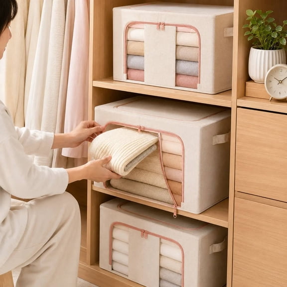 Foldable Storage Box with Clear Window Linen Fabric Closet Organizer Bin with Handles Zipper Lid Stackable Container, by IHXORA