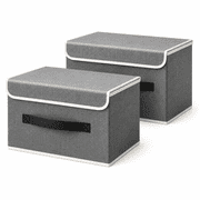2 Pack Stackable Fabric Storage Bins with Flip-Top Lids, Gray Closet Organizer Boxes with Handles for Clothes, Towels, Blankets, Bedroom and Dorm Room