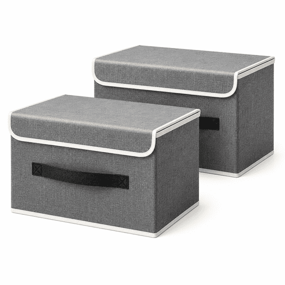 2 Pack Stackable Fabric Storage Bins with Flip-Top Lids, Gray Closet Organizer Boxes with Handles for Clothes, Towels, Blankets, Bedroom and Dorm Room