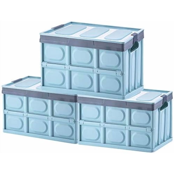 Foldable Storage Boxes with Lidsz, 3 Pack Collapsible Plastic Storage Bins Organizer Containers Baskets Cub with Cover,Stackable Utility Crates Storage Box (Blue, 30L)$$Home Decor, Kitchen, & Other