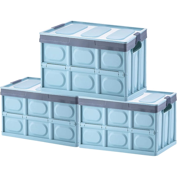 Foldable Storage Boxes with Lidsz, 3 Pack Collapsible Plastic Storage Bins Organizer Containers Baskets Cub with Cover,Stackable Utility Crates Storage Box (Blue, 30L)