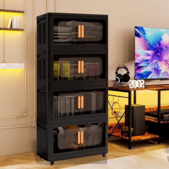 Foldable Storage Cabinet,Plastic Cabinet,Stackable Storage Bins, Open Front with Magnetic Door and Wheels(Black - 5Tiers)