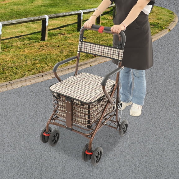 Foldable Storage Cart with Seat & Wheels 4-Wheel Lightweight Rolling Shopping Cart with Padded Seat, Lockable Brakes, Large Basket, Supports 330LBS (Bronze + Black)