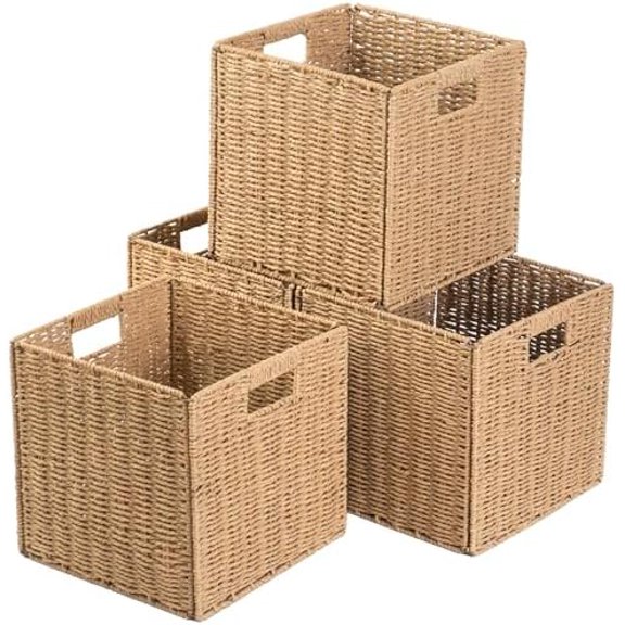 Foldable Storage Cube Bins Set of 4, Paper Woven Square Baskets, Natural, 11" x 11" x 11"