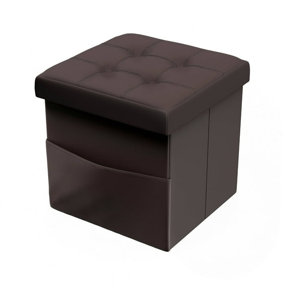 Foldable Storage Cube Ottoman with Pockets Brown: Tufted, Faux Leather, MDF Frame, 330lb Capacity