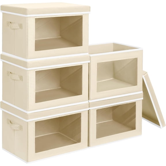Foldable Storage Cubes with Lids - 5 Pack Clear Window Storage Bins, Large Decorative Storage Containers with Handles for Clothes, Towels, Blankets, Sheets, Beige