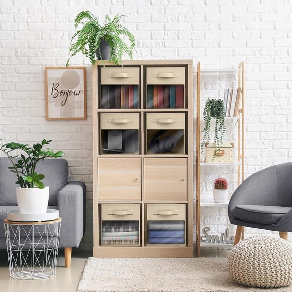 Foldable Storage Cubes with Handles and Clear Window, Beige 13 in. x 13 in. Fabric Decorative Basket (Set of 6)