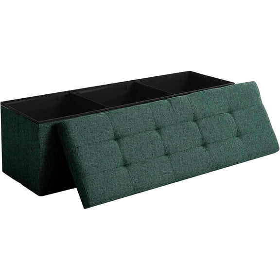 Foldable Storage Ottoman Bench with Flip Lid and Tufted Fabric in Emerald Green 45.3 Inch