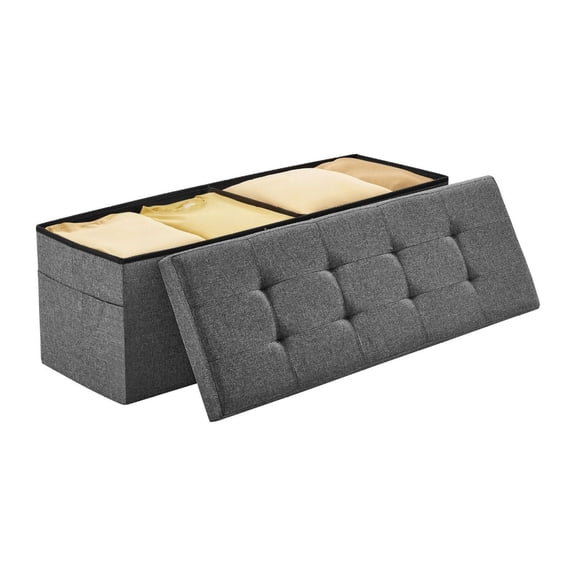 Foldable Storage Ottoman Bench with Side Bags, Linen Upholstered Chest, 660 lbs Capacity, Grey