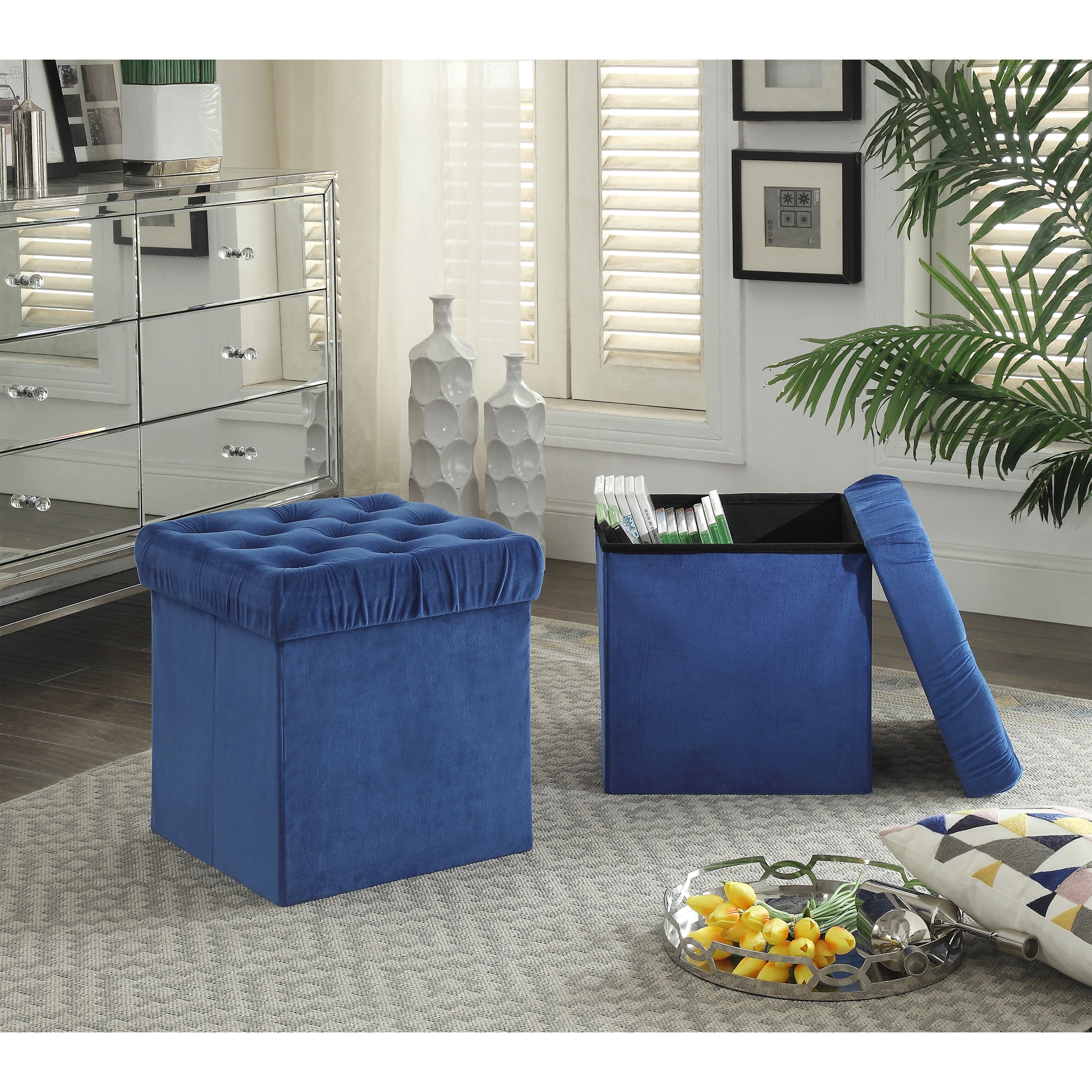 Foldable Storage Ottoman Cube Foot Rest, Blue (2 Pack)
