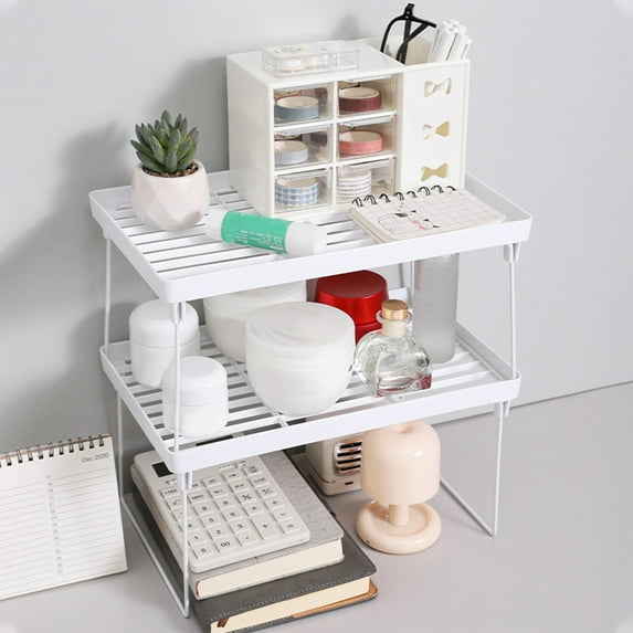 Foldable Storage Rack | Desktop Organizer Plastic Shelf | Cup Stand Desk Shelf for Office Dorm | Dual-Layer Space | Portable Design | Holds Monitors Books Plants | 34.5x15x13.8cm or 31.5x19.5x16cm