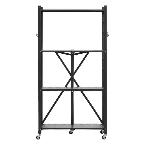 Foldable Storage Shelf, 4-Tier 28x13x54 Inch Metal Rack, Mobile Organizer w/ Wheels & Hooks