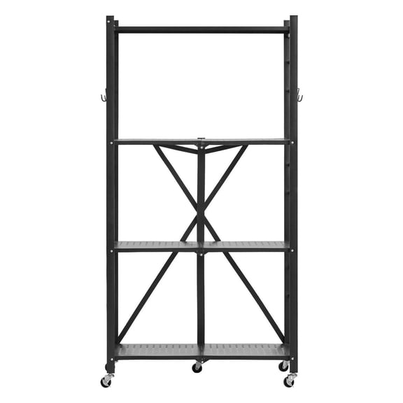 Foldable Storage Shelf - 4 Tier 28x13x54 Inch Metal Rack - Mobile Organizer with Wheels & Hooks - Pantry, Kitchen, Garage, Basement - Black