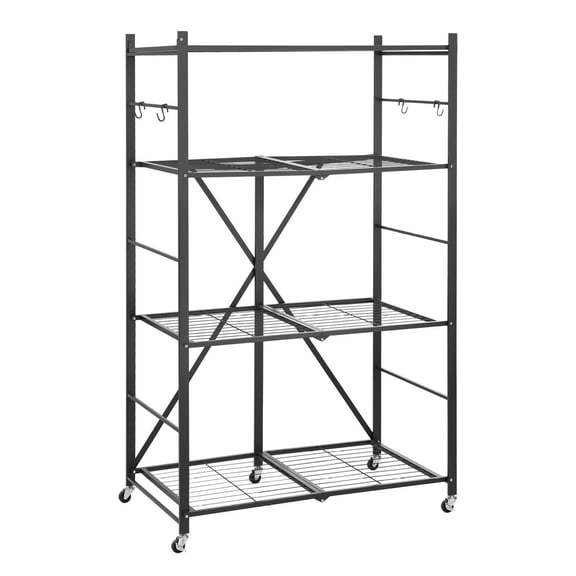 Foldable Storage Shelf, 4-Tier 36x21x60 inch Metal Rack, Mobile Organizer with Wheels & Hooks, Heavy Duty Pantry Shelf for Kitchen, Garage, Basement - Black