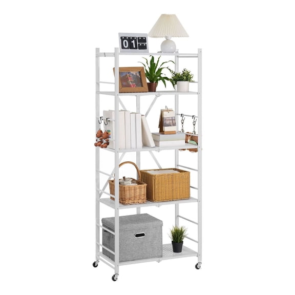 Foldable Storage Shelf 5-Tier, 28x15x64 Inch Metal Rack, Rolling Organizer with Wheels & Hooks, Pantry Kitchen Garage, White