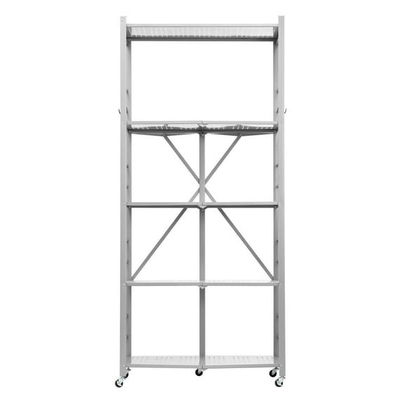 Foldable Storage Shelf, 5-Tier 32x14x72 Inch Metal Rack, Mobile Organizer with Wheels & Hooks, Pantry Kitchen Garage Shelving - Grey