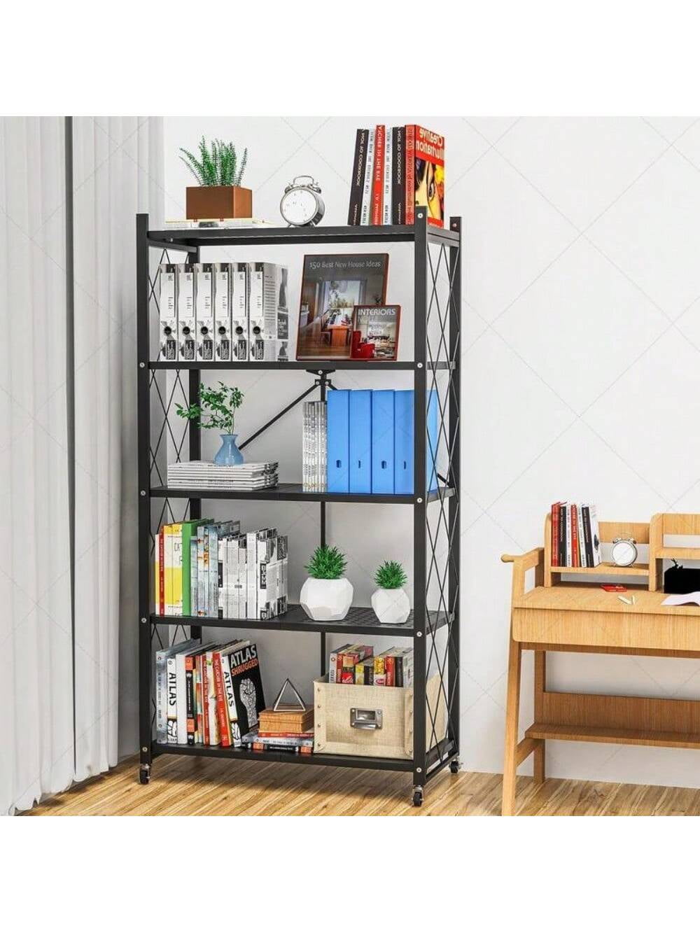 Foldable Storage Shelf Rack With Wheels - Metal Collapsible Shelving ...