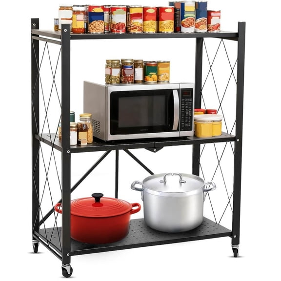 Foldable Storage Shelf with Wheels, Heavy Duty Collapsible Metal Shelf Rack Folding Bookshelf, Rolling Cart for Kitchen, Pantry, Closet, Office, Bathroom, Garage Organizer, Black