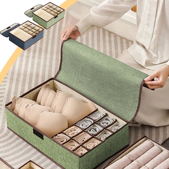 Foldable Storage container, undercloths Organizer for Drawer with Lid, Breathable Linen Sock Organizer Bin for wardrobe, Dresser, Underbed Storage