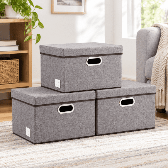 Foldable Storboxes With Lids [3-pack] Linen Fabric Collapsible ...
