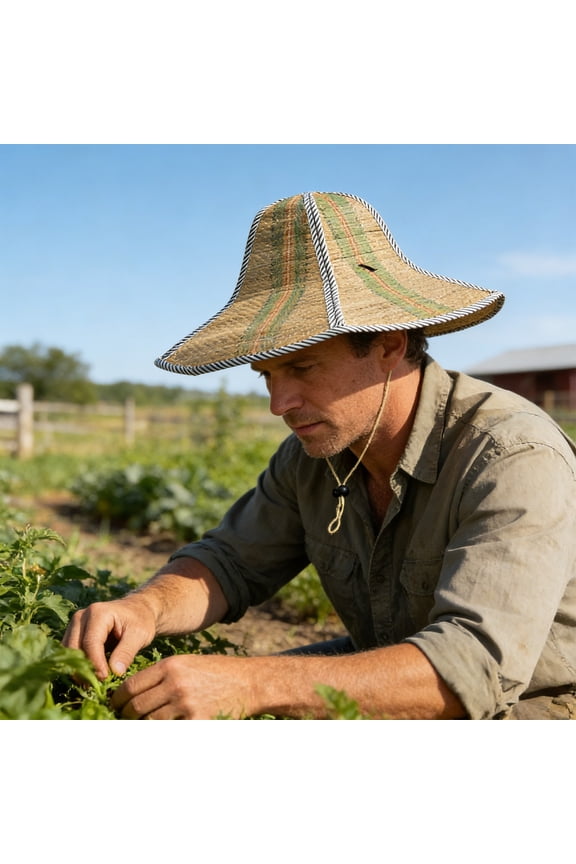 Foldable Straw Hat for Outdoor - Wide Brim Sun & Rain Protection Fishing Farming Hat, Breathable Lightweight Straw Sunhat with Adjustable Drawstring, Green