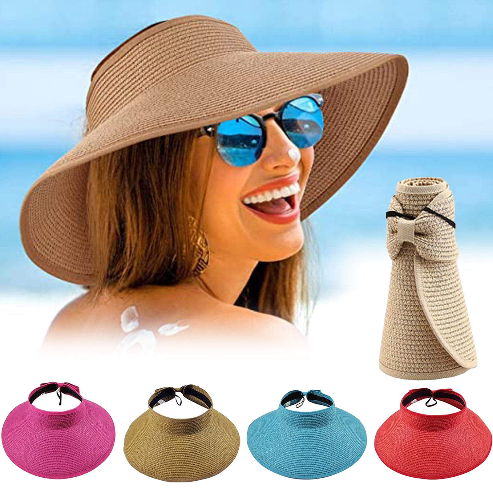 2PCS Foldable Straw Sun Visors for Women, Wide Brim Adjustable Topless Beach Hat NEW Women Sun Visors Wide Brim Foldable Packable Ponytail  main image 4