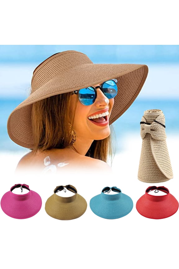Foldable Straw Sun Visor Hat for Women, Breathable Sun Protecetion Wide Brim Sun Hat Adjustable Topless Beach Hat