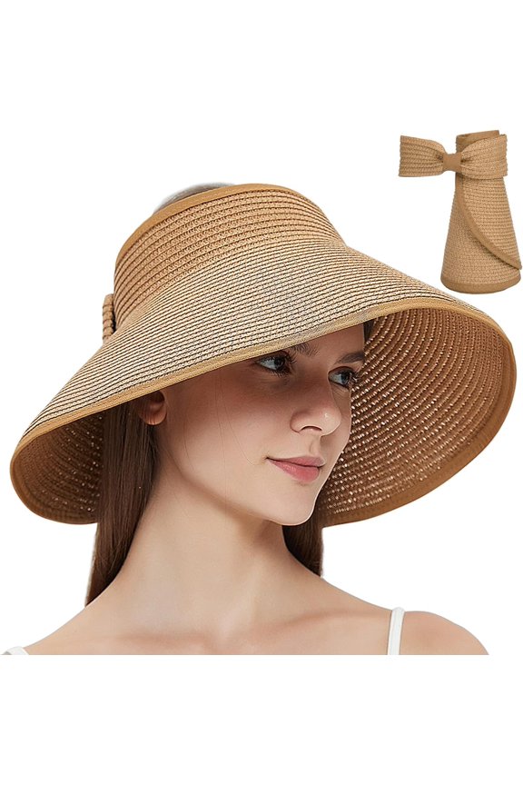 Foldable Straw Sun Visor for Women, Sun Protecetion Wide Brim Sun Hats Adjustable Topless Beach Hat