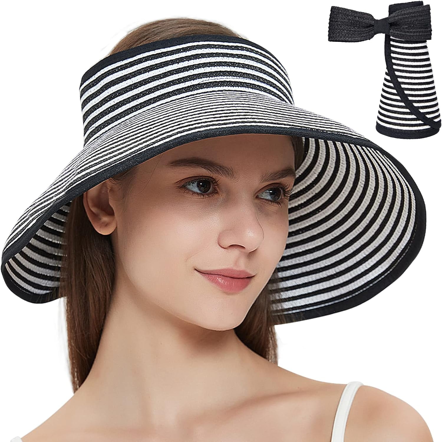 Foldable Straw Sun Visors for Women, Sun Protecetion Wide Brim Sun Hats Adjustable Topless Beach